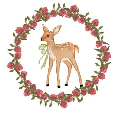 Fawn suluboya. Yonca çiçeklerinden oluşan yuvarlak bir çerçevede el yapımı bebek geyiğin zarif kompozisyonu. Beyaz arka planda izole edilmiş bir orman hayvanının klip sanatı. Bebek için poster ve kart tasarımı için.