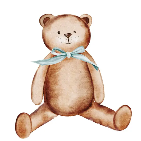 Teddy bear toy. Watercolor illustration hand drawing. Clip art of a bear isolated on a white background. Childrens design. Ideal for birthday, baby shower and baptism invitations and cards, as well