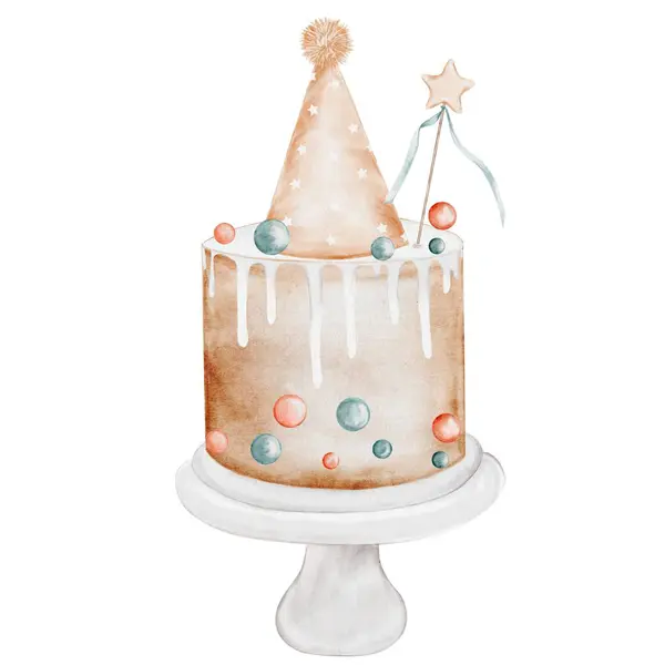 生日蛋糕水彩画 一个假日派的古董插图手绘 将艺术与白色背景的甜糕点相分离 戴着派对帽 洒水和魔杖 理想的 免版税图库图片