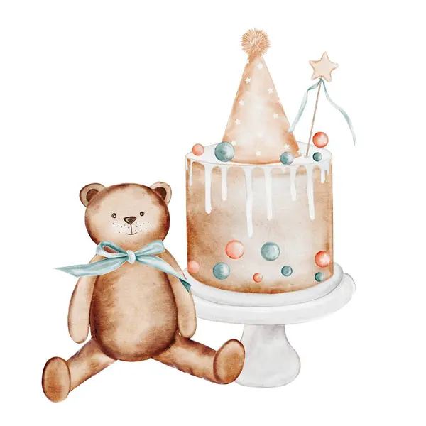 水彩画生日画 带有蛋糕和泰迪熊的可爱卡片 白色背景隔离 用中性油彩手工制作的剪贴画 理想的卡片和邀请名人和婴儿 图库照片