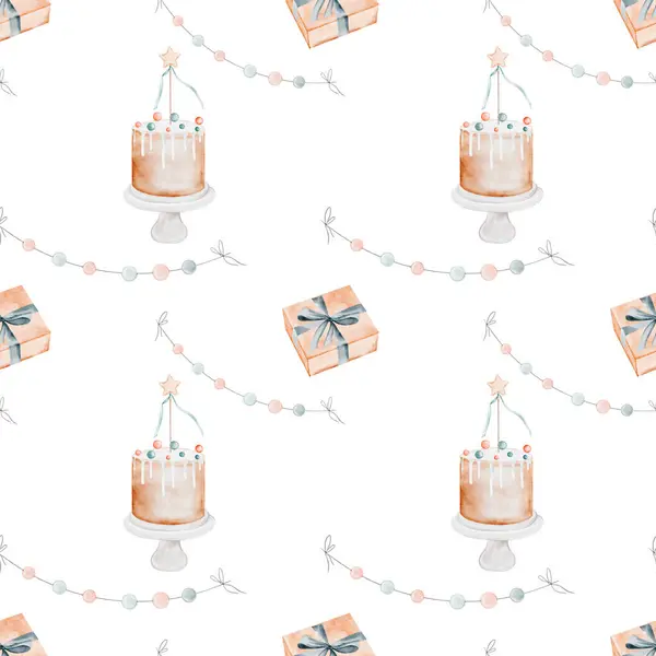 生日图案水彩画 无缝隙的假日插图与蛋糕和礼品盒 理想的假日装饰 婴儿淋浴 印在儿童纺织品上 高质量的例证 图库图片