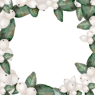 Ökseotu beyaz suluboya. Dut dallarından yapılmış kare bir çerçeve. İzole edilmiş beyaz arkaplandaki klip. Noel ve yeni yıl için düğün davetiyeleri için ideal. Kar çileği gerçekçiliği