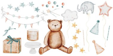 Mutlu yıllar suluboya seti. Elle çizilmiş oyuncak ayı, tezgahta pasta, kep ve fiyonk, çelenkler ve hediye kutuları, folyo balonlar. Klip sanatı beyaz arkaplanda nötr renklerde izole edildi