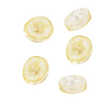 Muz dilimlenmiş suluboya. Elle çizilmiş tropik olgun meyve dilimleri. Kesilen meyvelerin beyaz zemininde izole edilmiş klip sanatı. Menüler, fiyat etiketleri, etiketler ve doğal paketleme için ideal