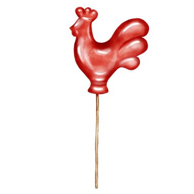 Şeker lolipop horoz suluboya. Horoz şeklinde tahta bir sopa üzerindeki kırmızı karamelli şeker. Beyaz arka planda izole edilmiş klasik el çizimi. Kartlar, eğitim kartları, posterler ve