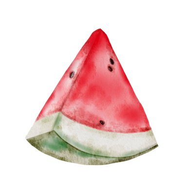 Karpuz dilimi suluboya. İzole edilmiş beyaz arka planda sulu meyveli el çizimi. Olgun böğürtlenlerin kesme sanatı. Menüler ve doğal kozmetik ürünleri ve yiyecekler için ambalaj tasarımı için ideal. Yüksek kalite