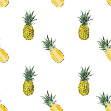 Ananas desenli. İzole edilmiş beyaz arka plan suluboya desenli tropikal meyve. Menü tasarımı, etiket ve kozmetik ambalajı için egzotik besin örnekleri. Yüksek kaliteli illüstrasyon