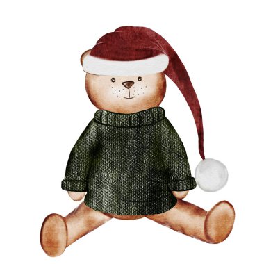 Noel oyuncak ayısı. Suluboya el çizimi. Noel şapkalı bir ayının klip sanatı ve beyaz arka planda izole edilmiş sıcak bir süveter. Çocuk tasarımı. Yılbaşı kartları için ideal