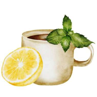 Limon dilimleri ve nane yapraklı suluboya bitki çayı. İzole edilmiş beyaz arka planda sıcak narenciye ile el çizimi bej bardak. Logo ve tıbbi çay paketleri için ideal. Homeopatik bileşim
