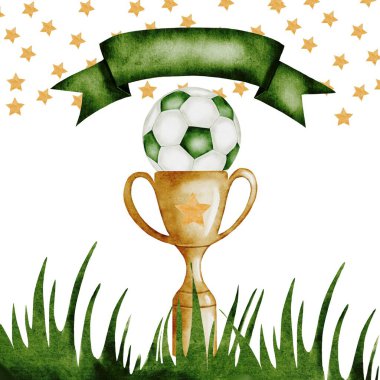 Futbol suluboya. Kupa kupası, futbol topu, çimen ve yazı için yeri olan el yazısı. İzole edilmiş beyaz arka planda şampiyonluk teçhizatı. İdeal