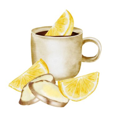 Limon dilimleri ve zencefilli suluboya bitki çayı. El yapımı bej bardak, sıcak narenciye suyu ve izole edilmiş beyaz arka planda zencefil kökü. Logo ve tıbbi çay paketleri için ideal. Homeopatik