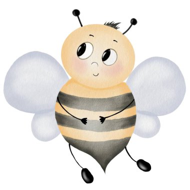 Arı çizgi filmi suluboya. İzole edilmiş beyaz arka planda el çizimi sevimli yaban arısı. Kırpma sanatları böceği. Çocuk eğitim kartları, posterler ve organik bal etiketleri için ideal. Yüksek kaliteli illüstrasyon