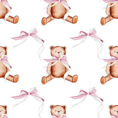 Oyuncak ayılarla kusursuz desen. Şirin oyuncaklarla süslü suluboya süsler. Beyaz arka planda fiyonklu bir oyuncak ayı tasviri. Çocuk tasarımı. Çocuk tekstil ürünleri için ideal