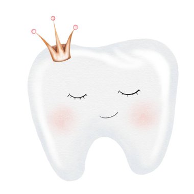Bebek dişi suluboya. İzole edilmiş beyaz arka planda taç olan şirin çizgi film azı dişleri. Diş klipsi sanatı. Parti için ideal kartlar ve davetiyeler. Bebek dişleri, doktor ofisindeki posterler.