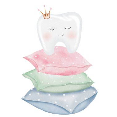 Bebek dişi suluboya. İzole edilmiş beyaz arka planda taç olan şirin çizgi film azı dişleri. Diş klipsi sanatı. Parti için ideal kartlar ve davetiyeler. Bebek dişleri, doktor ofisindeki posterler.