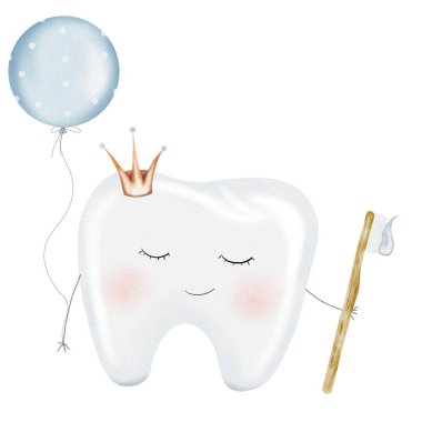 Diş suluboya. Tacıyla, diş fırçasıyla ve izole edilmiş beyaz arka planda bir balonla bebek çizgi film azı dişleri. Diş klipsi sanatı. Kartlar ve parti davetiyeleri için ideal ilk diş bebekleri.