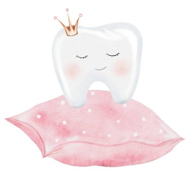 Bebek dişi suluboya. Yastığında taç olan, izole edilmiş beyaz arka planda şirin çizgi film azı dişleri. Diş klipsi sanatı. Parti için ideal kartlar ve davetiyeler. İlk diş bebekleri, kawaii posterleri.
