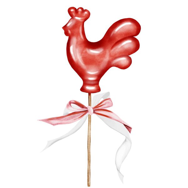 Candy cock lollipop watercolor. Rooster lollipop with a bow.Red caramel sweet on a wooden stick in the shape of a rooster. Vintage hand drawn isolated on white background. Ideal for cards, educational