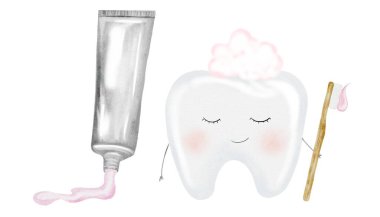 Diş suluboya seti. Temiz diş ve diş macunu. İzole edilmiş beyaz arka planı olan şirin çizgi film bebek azı dişi. Diş klipsi sanatı. Parti için davetiyeler ve davetiyeler için ideal. İlk dişler, posterler.