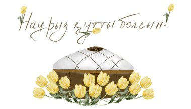 Nauryz suluboya. Lalelerin kompozisyonu, ortasında bir yurt ve yazıtlar. Kazak bayramı Navruz 'un el yapımı festival unsurları. 22 Mart için kartlar ve pankartlar için ideal. Yüksek kalite