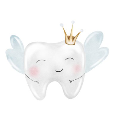 Bebek dişi suluboya. İzole edilmiş beyaz arka planda taç olan şirin çizgi film azı dişleri. Diş klipsi sanatı. Parti için ideal kartlar ve davetiyeler. Bebek dişleri, doktor ofisindeki posterler.