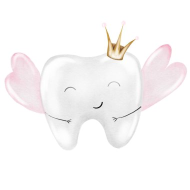 Bebek dişi suluboya. İzole edilmiş beyaz arka planda taç olan şirin çizgi film azı dişleri. Diş klipsi sanatı. Parti için ideal kartlar ve davetiyeler. Bebek dişleri, doktor ofisindeki posterler.