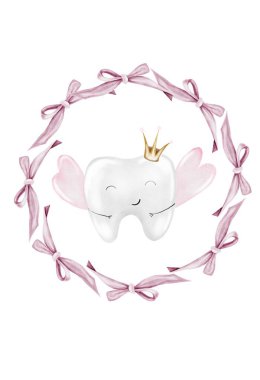 Bebek dişi suluboya. İzole edilmiş beyaz arka planda pembe fiyonklu taçlı şirin çizgi film azı dişleri. Diş klipsi sanatı. Kartlar ve parti davetiyeleri için ideal ilk diş bebekleri.