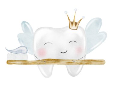 Bebek dişi suluboya. İzole edilmiş beyaz arka planda diş fırçası olan şirin çizgi film azı dişleri. Diş klipsi sanatı. Kartlar ve davetiyeler için ideal. Bebek dişleri, doktor posterleri.