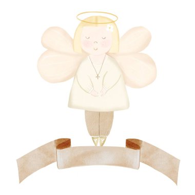 Bebek vaftiz suluboya kartı. İzole edilmiş beyaz arka planda resimli bir melek. Vaftiz, doğum kartı ve pankart tasarımı için hoş bir klişe. Yüksek kalite fotoğraf