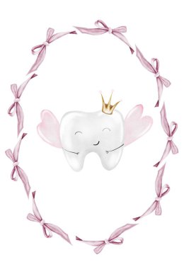 Bebek dişi suluboya. İzole edilmiş beyaz arka planda pembe fiyonklu taçlı şirin çizgi film azı dişleri. Diş klipsi sanatı. Kartlar ve parti davetiyeleri için ideal ilk diş bebekleri.