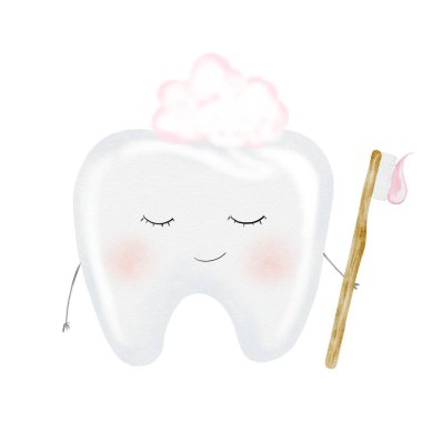 Diş suluboya. İzole edilmiş beyaz arka planda diş fırçası olan şirin çizgi film bebek azı dişi. Diş klipsi sanatı. Parti için ideal kartlar ve davetiyeler. Bebek dişleri, doktor ofisindeki posterler.