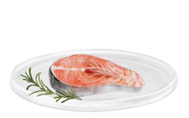 Beyaz tabakta suluboya biberiyeli somon. Beyaz arka planda el çizimi kırmızı balık eti. Yemek klipsi sanatı. Çiftlik balığı paketleme tasarımı, restoran menüleri ve mutfak blogları için ideal. Yüksek kalite