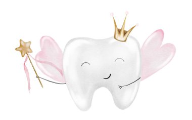 Bebek dişi suluboya. Tacıyla şirin bir çizgi film azı dişi ve izole beyaz arka planda sihirli bir değnek. Diş klipsi sanatı. Kartlar ve davetiyeler için ideal. Bebek dişleri, posterler.