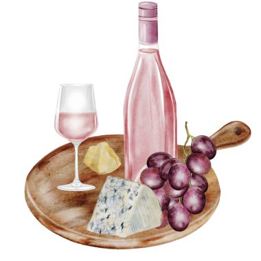 Şarap şişesi ve suluboya tahtanın üzerinde atıştırmalıklar olan bir bardak. Elle çizilmiş pembe alkollü içecek, peynir ve üzüm. İçki sanatı. Bar ve restoran menüsünün reklam afişleri için ideal. Yüksek