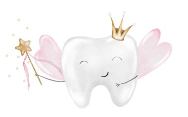 Bebek dişi suluboya. Tacıyla şirin bir çizgi film azı dişi ve izole beyaz arka planda sihirli bir değnek. Diş klipsi sanatı. Diş perisi tacı. Kartlar ve parti davetiyeleri için ideal ilk diş bebekleri.