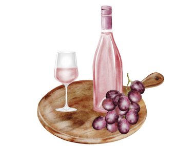 Şarap şişesi suluboya. Elle çizilmiş pembe alkollü bir içecek ve üzüm dalı. İçki sanatı. Bar ve restoran menüsünün reklam afişleri için ideal. Yüksek kaliteli illüstrasyon