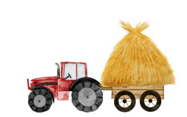 Tractor with cart and haystack watercolor painting. Hand drawn red tractor with hay on isolated white background. Country style clip art. Ideal for educational cards and posters. High quality