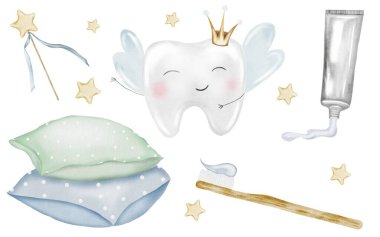 Bebek dişi suluboya seti. Tatlı çizgi film azı dişi, sihirli değnek, yastık ve bir tüp diş macunu, izole beyaz arka planda diş fırçası. Diş perisi. Diş klipsi sanatı. Kartlar ve davetiyeler için ideal