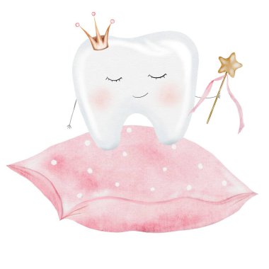 Bebek dişi suluboya. Yastığında taç olan, izole edilmiş beyaz arka planda şirin çizgi film azı dişleri. Diş klipsi sanatı. Parti için ideal kartlar ve davetiyeler. İlk diş bebekleri, kawaii posterleri.