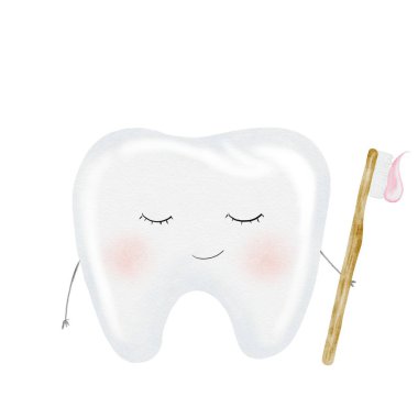 Diş suluboya. İzole edilmiş beyaz arka planda diş fırçası olan şirin çizgi film bebek azı dişi. Diş klipsi sanatı. Parti için ideal kartlar ve davetiyeler. Bebek dişleri, doktor ofisindeki posterler.