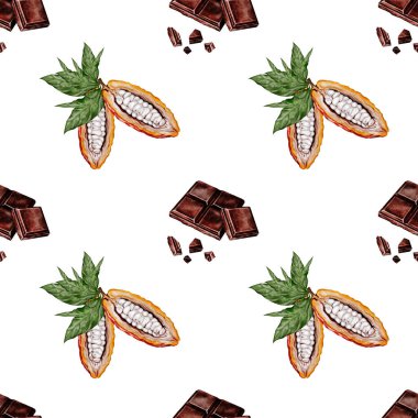 Cocoa bean and a piece of chocolate watercolor seamless pattern. Hand-drawn cocoa fruit on a white background. Food clip art. Ideal for packaging chocolate and cocoa powder. High quality illustration