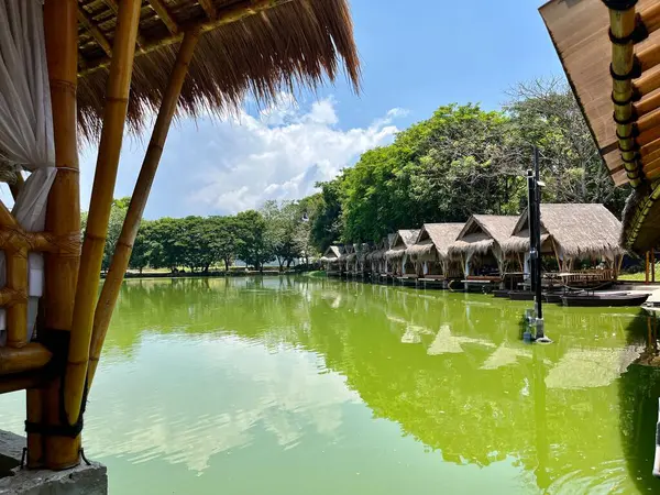 Ağaçlar ve mavi gökyüzü ile yeşil su gölü üzerinde Bambu Çardağı.