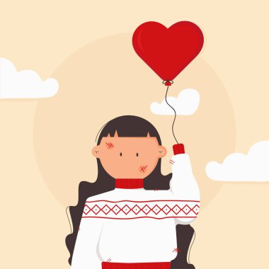 Kız ayakta duruyor ve elinde hava balonu tutuyor. Balonlu, kuşlu ve bulutlu bir kadın. Düz vektör illüstrasyonu