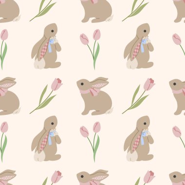 Sevimli, bahar, rahat desenli tavşanlar ve kır çiçekleri