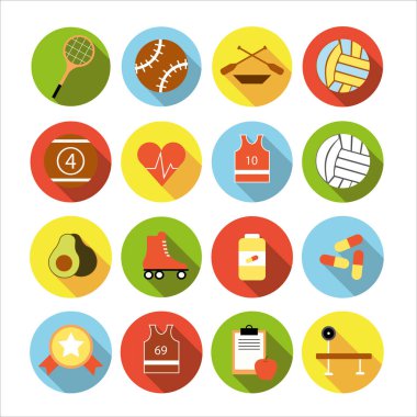 Farklı spor dallarında ikon koleksiyonu ve gölgelerle düz dizayn edilmiş sağlıklı yemek.