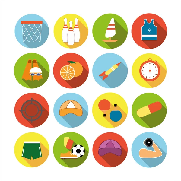 Collection Icons Different Sports Healthy Eating Flat Design Shadows — Stock Vector