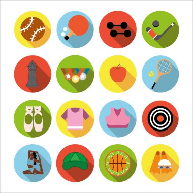 Farklı spor dallarında ikon koleksiyonu ve gölgelerle düz dizayn edilmiş sağlıklı yemek.