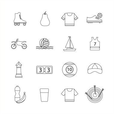 Farklı spor dallarında ikon koleksiyonu ve ana hatlarıyla sağlıklı beslenme.