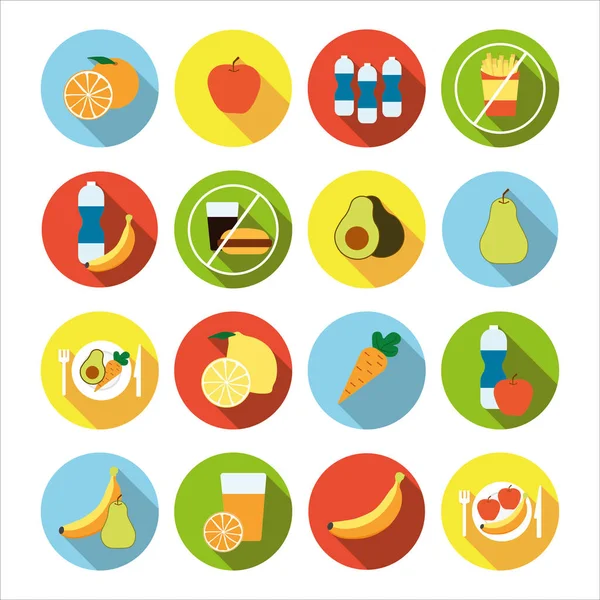 stock vector Collection of icons with different fruit and healthy eating in flat design with shadows