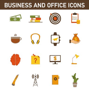 Konuyla ilgili çok renkli düz simgelerin toplanması: iş ve ofis. Beyaz arkaplanda izole.